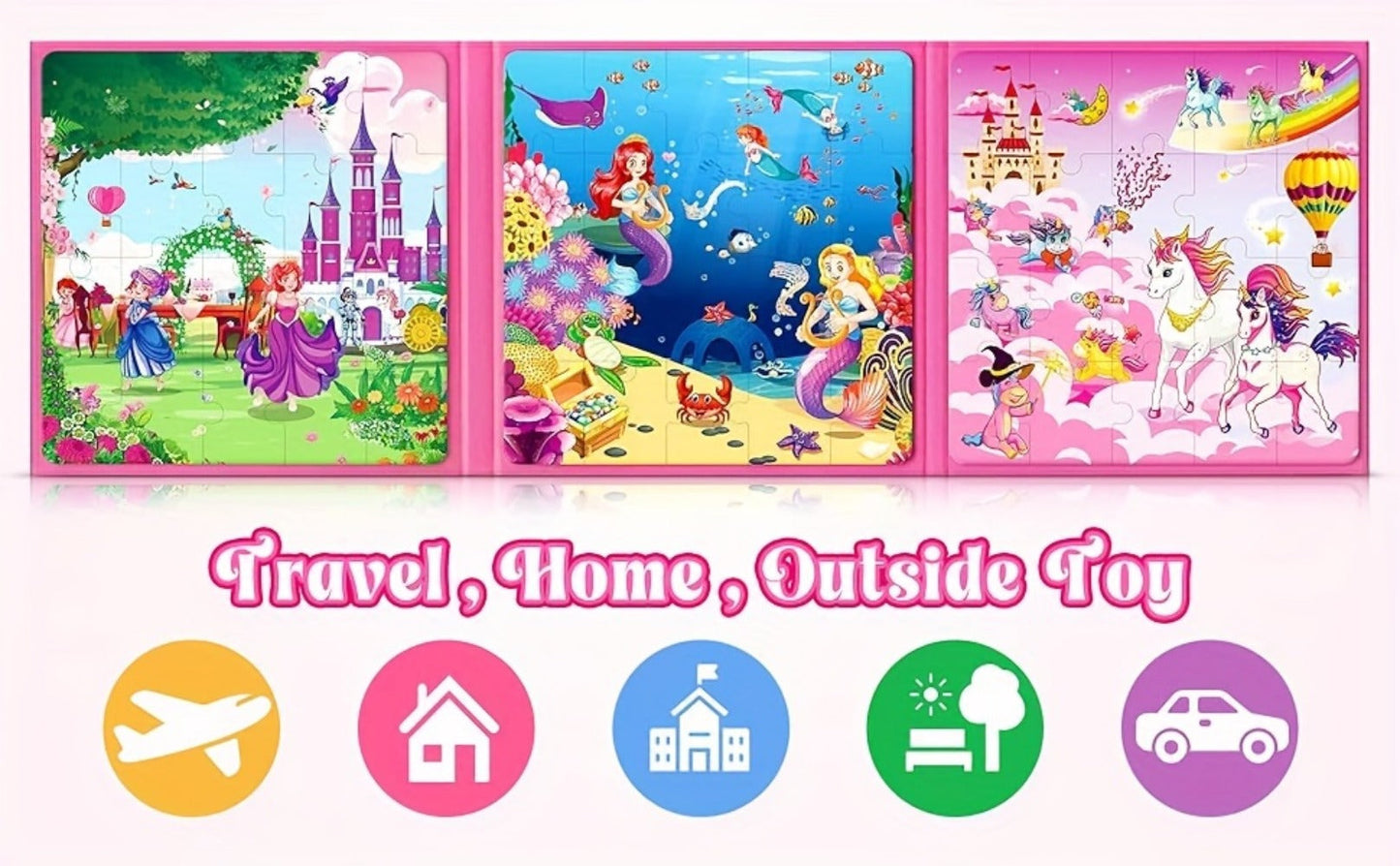 Magnetic Puzzle Book for Girls 3 4 5 6 – 3-in-1 Unicorn Mermaid Princess Travel Puzzles, 20 Pieces Folding Magnetic Jigsaw for Toddlers, Road Trip Car Airplane Activity, Birthday Gift for Little Girls