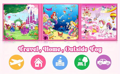 Magnetic Puzzle Book for Girls 3 4 5 6 – 3-in-1 Unicorn Mermaid Princess Travel Puzzles, 20 Pieces Folding Magnetic Jigsaw for Toddlers, Road Trip Car Airplane Activity, Birthday Gift for Little Girls
