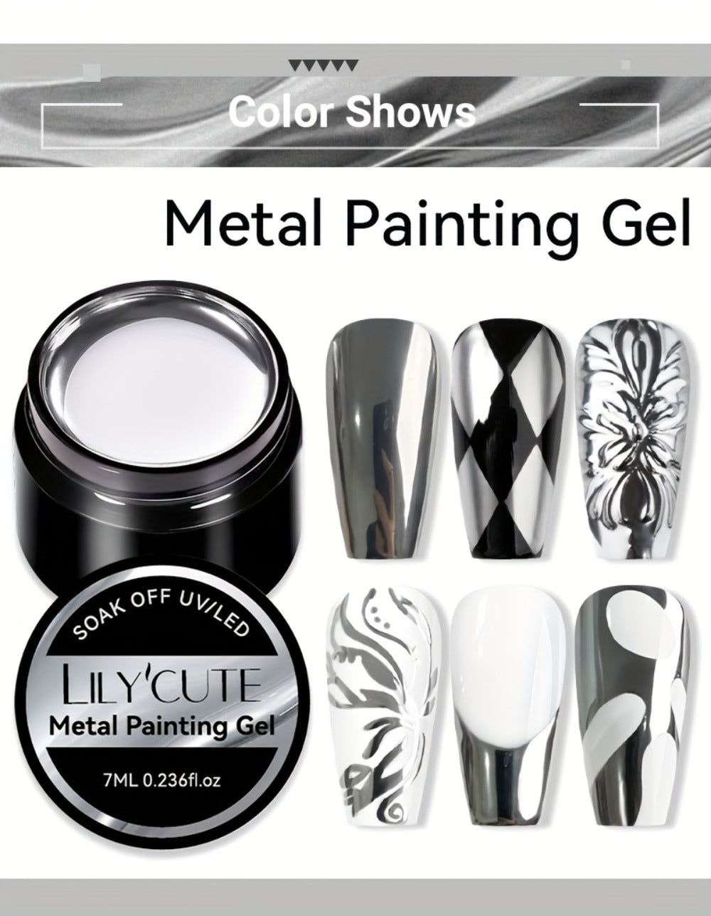 Mirror Metallic Nail Art Painting Gel with Built-In Brush 0.24oz — Metal Effect UV LED Soak Off Silver Chrome Line Drawing Flower Geometric DIY Home Salon Manicure Women Nail Artists