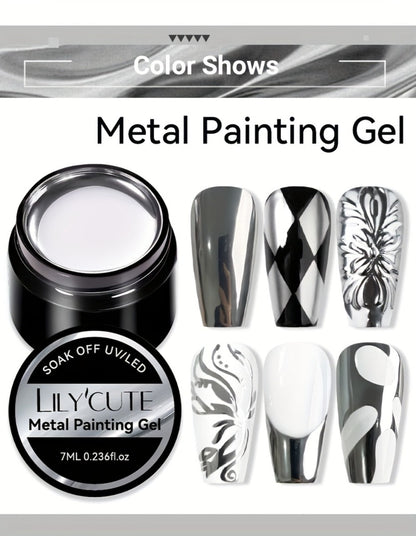 Mirror Metallic Nail Art Painting Gel with Built-In Brush 0.24oz — Metal Effect UV LED Soak Off Silver Chrome Line Drawing Flower Geometric DIY Home Salon Manicure Women Nail Artists