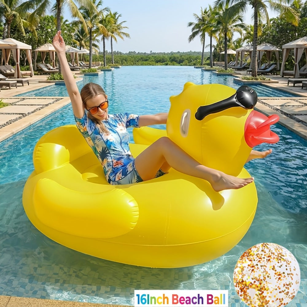 60 Inch Ride-On Inflatable Pool Float with Built-In Sprayer & 16-Inch Beach Ball for Adults – XL Heavy Duty Blow Up Raft for Swimming Pool Lake Beach, Summer Outdoor Water Toy Party Gift (Yellow & Green)