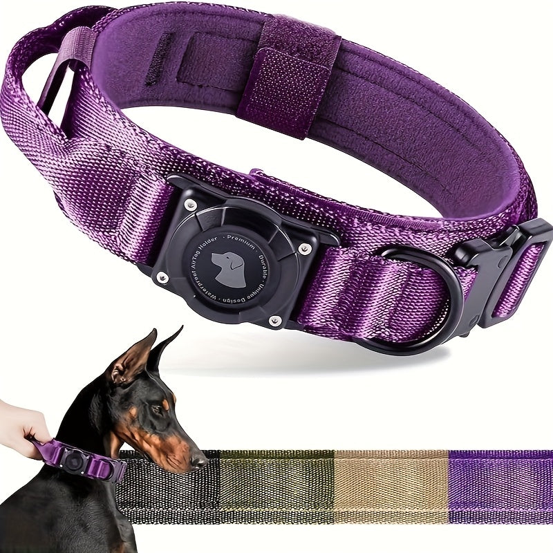 Tactical Dog Collar with AirTag Holder and Handle Adjustable Heavy Duty PC Case GPS Tracking Compatible for Medium Large Dogs M L XL 9 Colors No AirTag