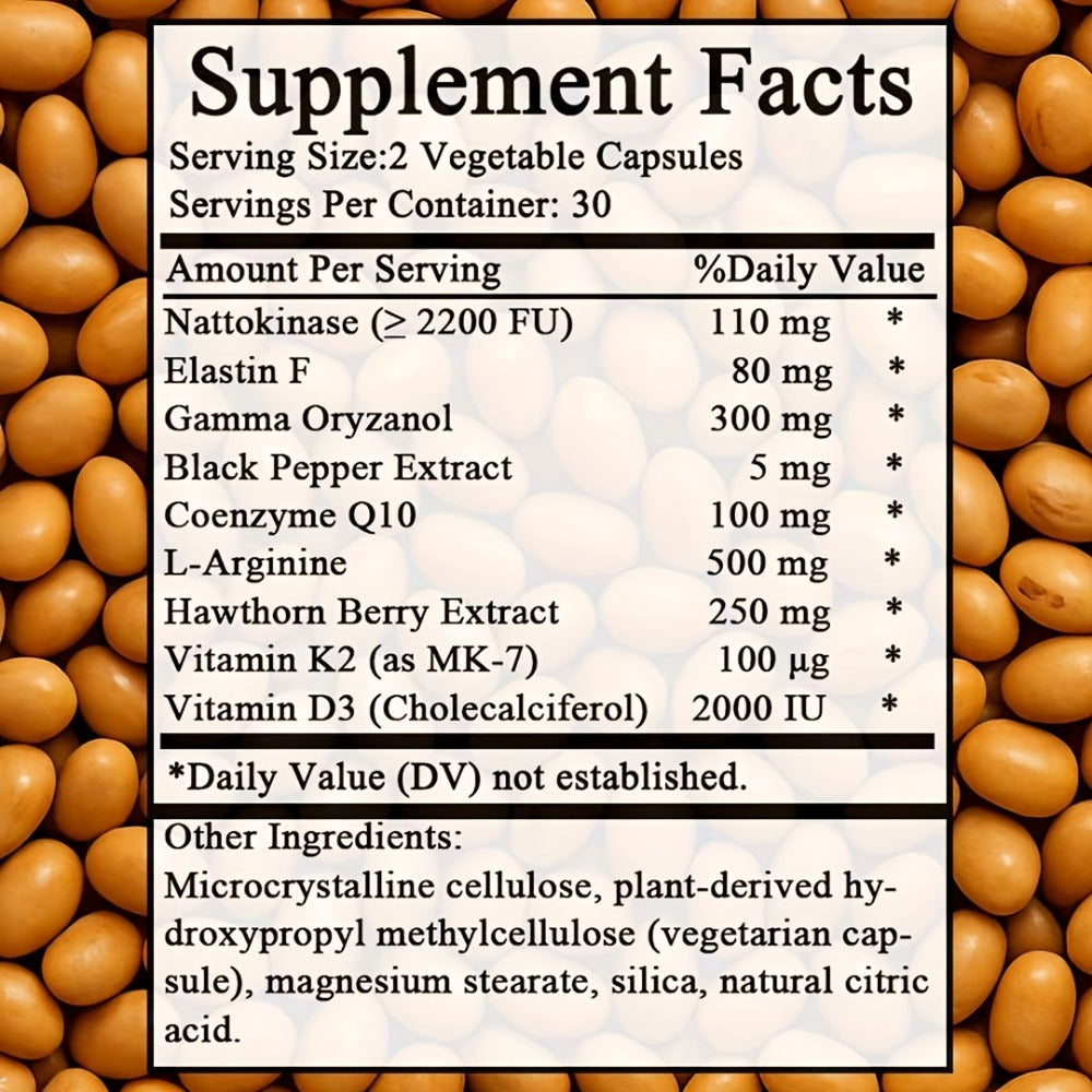 Blood Circulation Supplement Nattokinase with Gamma Oryzanol – Natural Enzyme Formula for Blood Vessel Cleanse, Circulatory System & Heart Health Support – Cardiovascular Wellness Daily Capsules – 60 Count