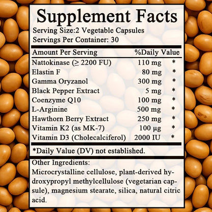 Blood Circulation Supplement Nattokinase with Gamma Oryzanol – Natural Enzyme Formula for Blood Vessel Cleanse, Circulatory System & Heart Health Support – Cardiovascular Wellness Daily Capsules – 60 Count
