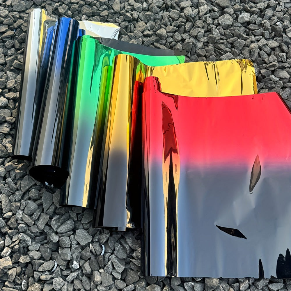 Gradient Window Tint Film 19.7 x 118 Inch – Two-Color Heat Resistant VLT Car Window Film | PET Material | Red, Gold, Green, Silver & Blue Black