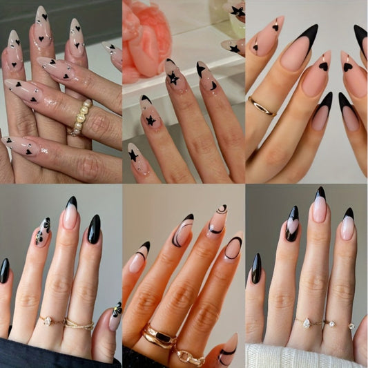 Short Almond Press On Nails 144 Pieces with Glue Pink Flower Rhinestone Black French Tip Full Cover Fake Nails Cute Nail Art Kit for Women Girls Daily Wear Party Wedding Date Night Gift Set