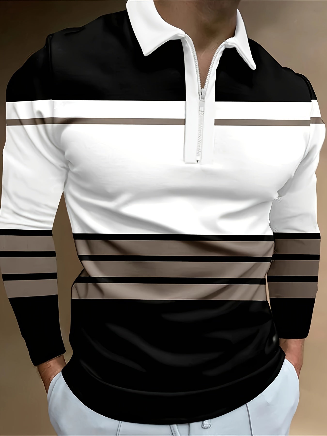 Men's Zip Collar Polo – Striped Long Sleeve Shirt