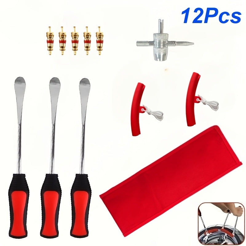 29/24/12pcs Tire Changing And Valve Service Tool Kit with Tire Lever Tools, Valve Caps, Valve Cores, 4-Way Valve Tool, And Storage Pouch for Garage Tire Maintenance And Vehicle Care