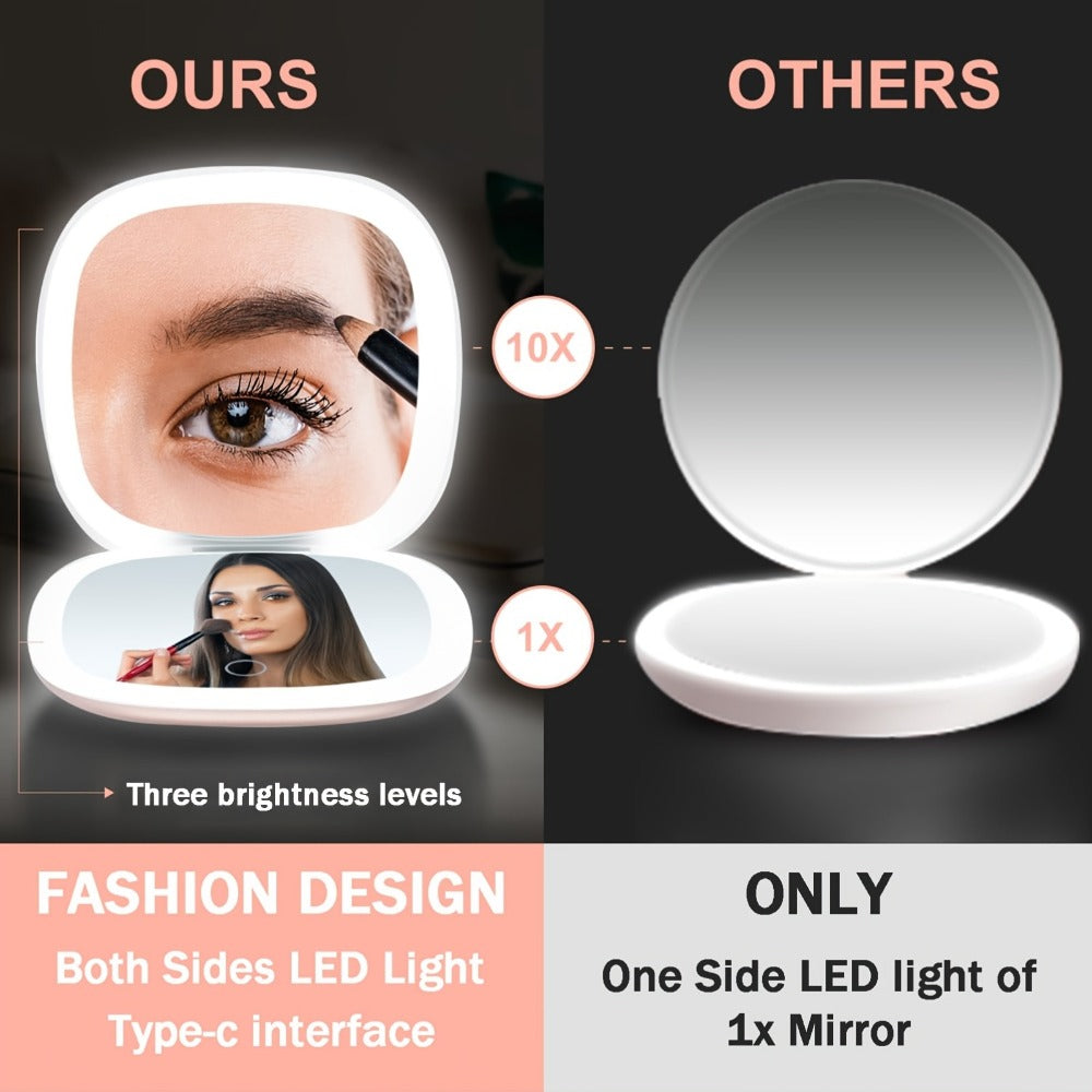 LED Makeup Mirror with Lights Two-Sided Magnifying, Foldable Portable Vanity Mirror 3 Brightness Levels USB Rechargeable, Cute Animal Theme Compact Travel Mirror for Women Girls Desk Bedroom Pink White
