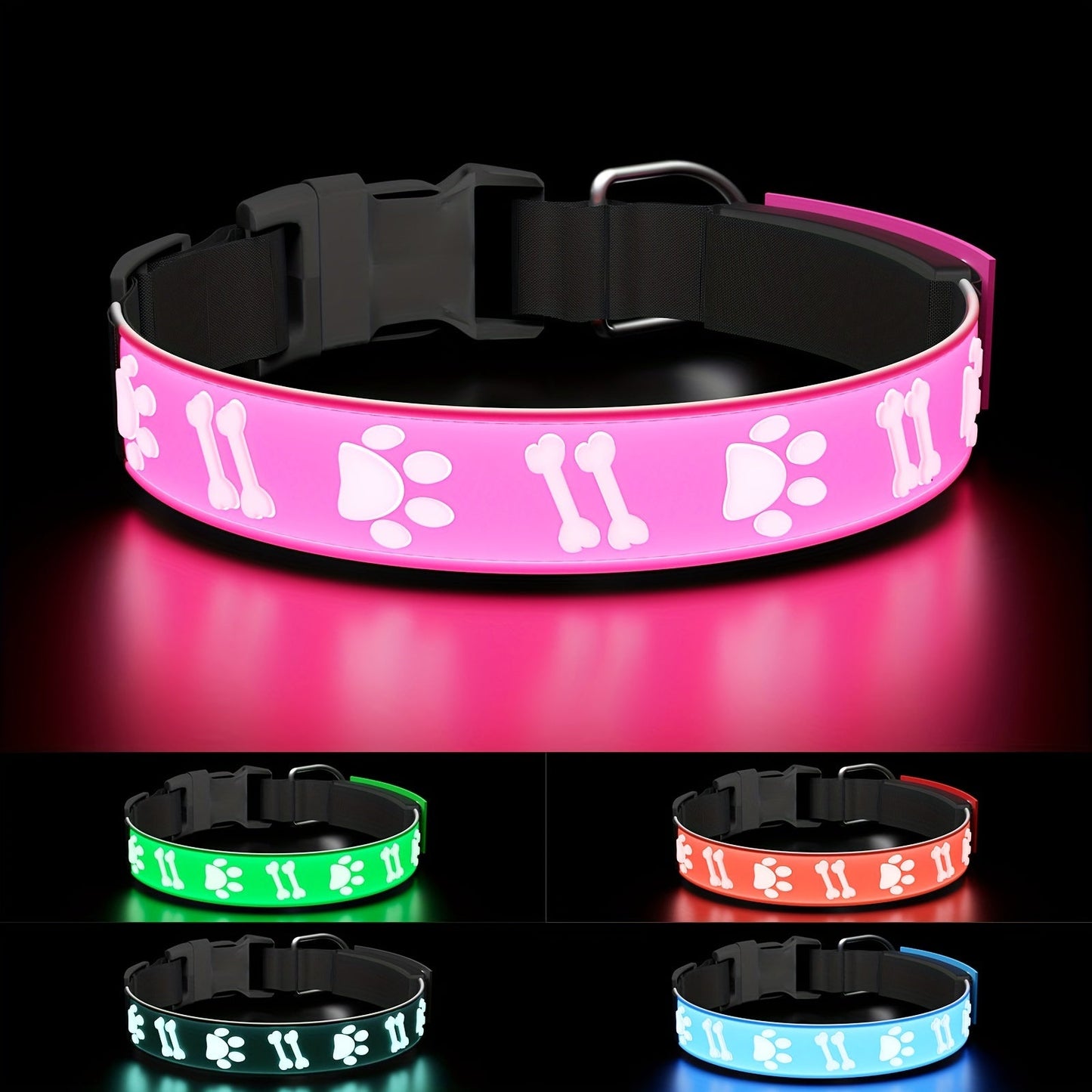 LED Dog Collar USB Rechargeable – 15 Light Modes Adjustable Glow Safety Collar for Nighttime Walks, Soft 3D Flash Pattern Pet Collar, XS–L, Blue, Pink, Red, Black, Green