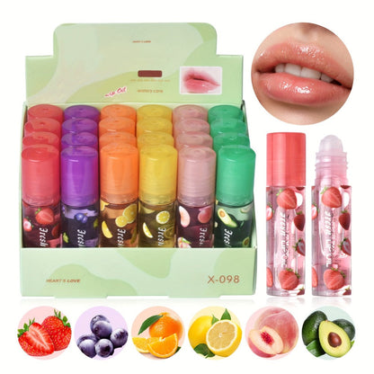 Roller Ball Lip Balm Set 24 Pieces 6 Flavors Transparent Colorless — Moisturizing Long-Lasting Hydration for Dry Chapped Lips | Lightweight Non-Greasy Daily Lip Care Gift Set for Women & Men