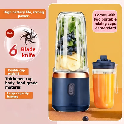 Portable Wireless Juicer Blender Double Cup - USB Rechargeable 6-Blade Mini Blender with 1500mAh Battery, Multifunctional Smoothie Maker for Home, Travel, Gym & Outdoor, Blue & Pink