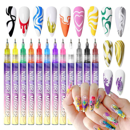 Nail Art Pens Set 12Pcs 0.5mm Ultra-Fine Tip Round Head Brush for DIY Nail Designs - Detailed Line Drawing & Nail Decoration Tools for Beginners and Professionals