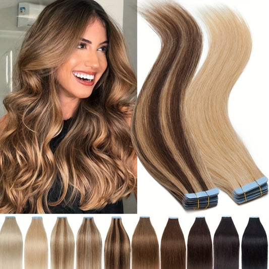Tape In Hair Extensions 100% Brazilian Remy Human Hair Invisible Seamless Weft 10pcs Straight 12-24 Inch | 11 Colors Blonde Brown Ombre for Women Volume & Length