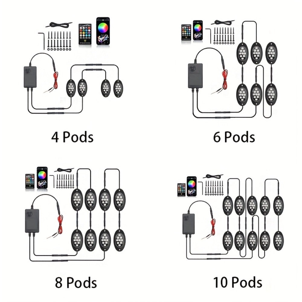 RGB Rock Lights Kit for Trucks & Cars, Sound-Activated LED Underbody Lights with APP & Remote Dual Control, 9 Large Beads Multicolor Chassis Neon Footwell Lighting for Pickup Off-Road