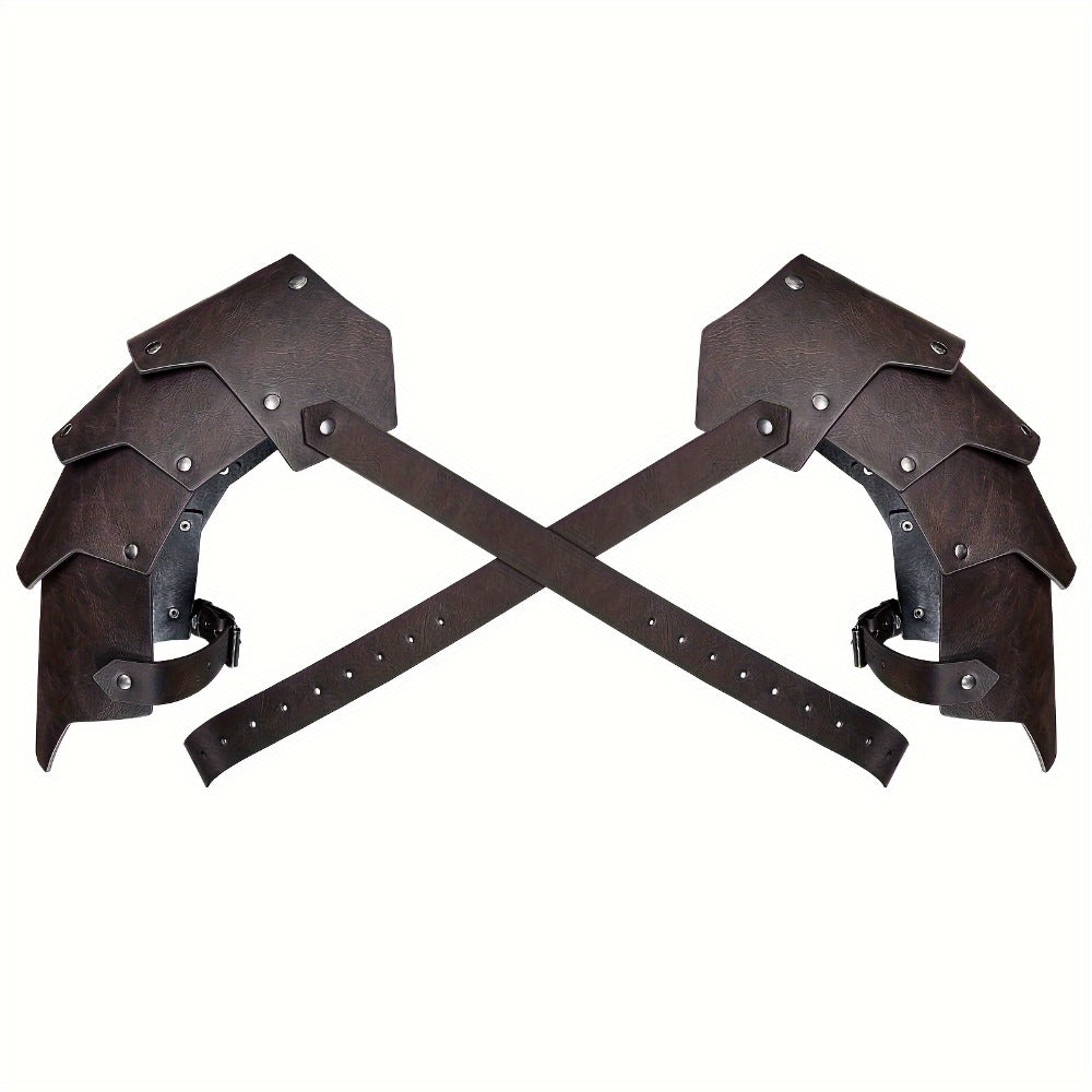 Medieval Shoulder Armor Double Pauldron for Men & Women – Embossed PU Faux Leather Warrior Pauldrons for Halloween LARP Cosplay Renaissance Fair Theater, Khaki Dark Brown Black