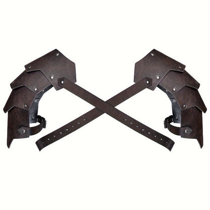 Medieval Shoulder Armor Double Pauldron for Men & Women – Embossed PU Faux Leather Warrior Pauldrons for Halloween LARP Cosplay Renaissance Fair Theater, Khaki Dark Brown Black