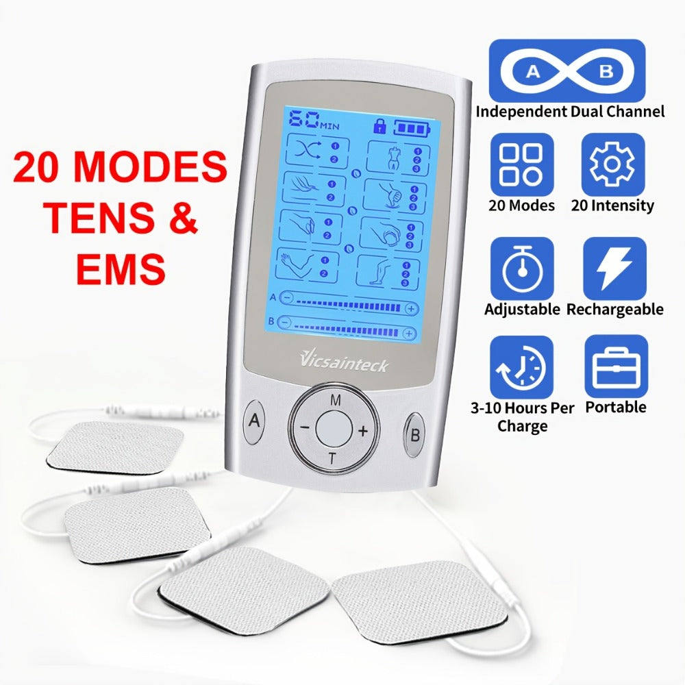 Portable TENS EMS Unit Muscle Massager – 16 Modes 20 Intensity Levels, 4 Electrodes for Back, Shoulder, Leg & Foot Pain Relief, Rechargeable Physical Therapy Device for Men & Women