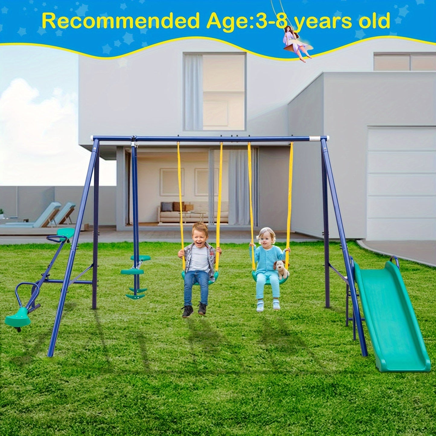 Heavy Duty A-Frame Metal Swing Set for Backyard with 2 Swings Slide Glider Seesaw Disc Seat Outdoor Playset for Kids Toddlers Backyard Play Structure