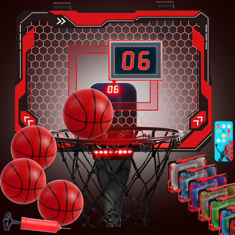 Indoor Basketball Hoop for Kids Over the Door – Light Up LED Scoreboard 4 Balls Air Pump 3 Game Modes 7 Light Shows, Active Sport Toy Gift for Boys Girls Ages 3 to 14 (Red)