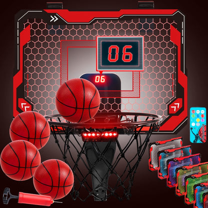 Indoor Basketball Hoop for Kids Over the Door – Light Up LED Scoreboard 4 Balls Air Pump 3 Game Modes 7 Light Shows, Active Sport Toy Gift for Boys Girls Ages 3 to 14 (Red)