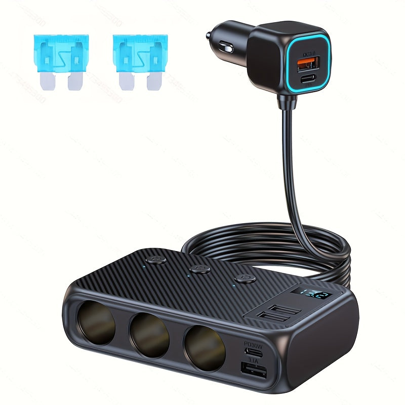 QC3.0 Car Lighter Socket Splitter Upgrade, 120W, Featuring 3 Sockets And 4 USB Ports with Dual PD 36W/QC3.0 Rapid Charging, LED Voltmeter, Individual Switches, 30-Inch Cable, Compatible with 12V-24V Vehicles