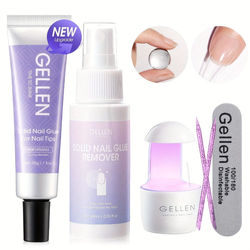 Press-On Nail Glue Gel Kit 30g with UV Lamp - Strong Long-Lasting Solid Nail Glue, 60ml Remover & Buffer for False Nails, Nail Tips & Rhinestones, Lasts 15-30 Days