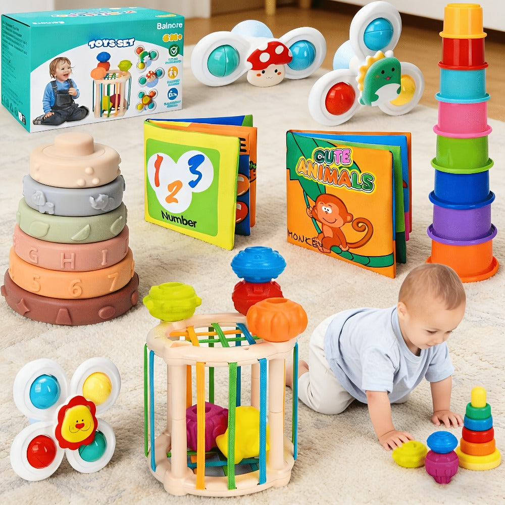 Sensory Stacking Toy Set 3-in-1 for Toddlers & Babies – Hand-Eye Coordination & Fine Motor Skills Activity Kit with Soft Cloth Book, Spinning Top & Stacking Cups, Birthday Easter Baby Shower Gift