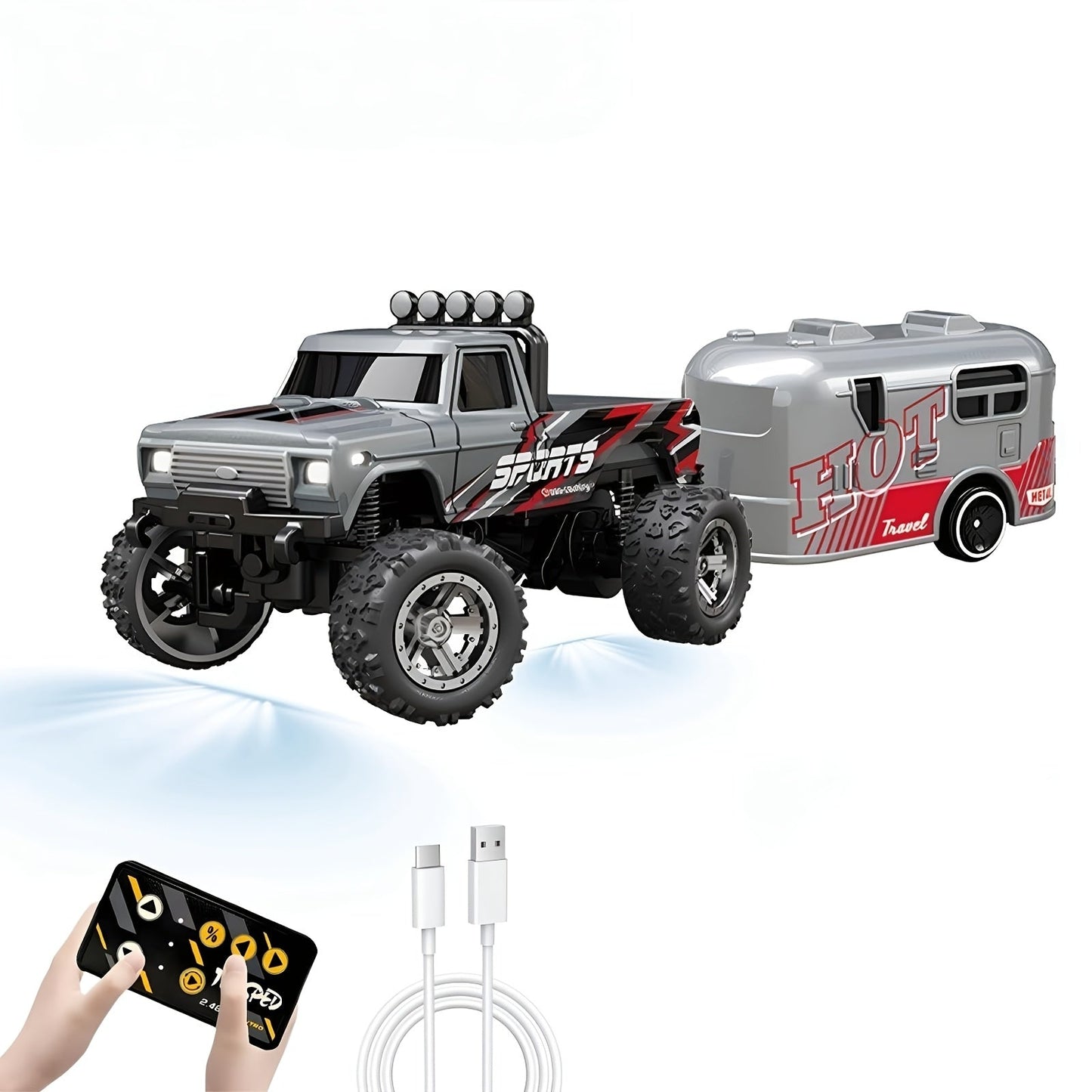 Mini RC Off-Road Truck with Trailer 1:64 Scale Die-Cast Remote Control Car – 2.4GHz Climbing Vehicle with Lights Rechargeable Adjustable Speed | Pocket-Sized RC Toy for Boys | Best Birthday Christmas Gift