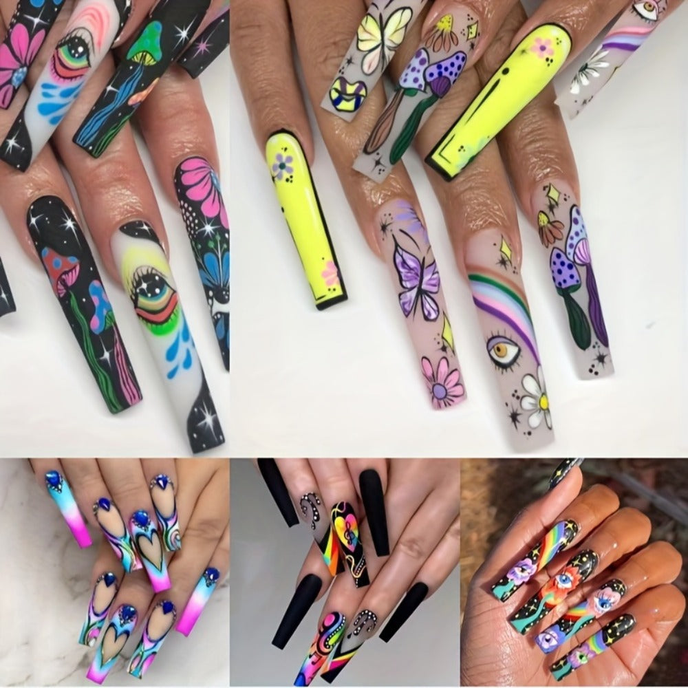 Press On Nails Set 120pcs 5 Boxes Extra Long Cosmic Eyes Crystal Rhinestones Matte Colorful Stripes Floral Glue-On Wearable Nail Art Variety Pack Festive Gift for Women Teens Party Holiday
