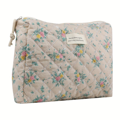 Quilted Makeup Bag Set 4-Piece Floral Rose Coquette Aesthetic Premium Cotton Cosmetic Organizer Travel Toiletry Pouch 4 Sizes for Women Girls Vanity Bathroom Gift