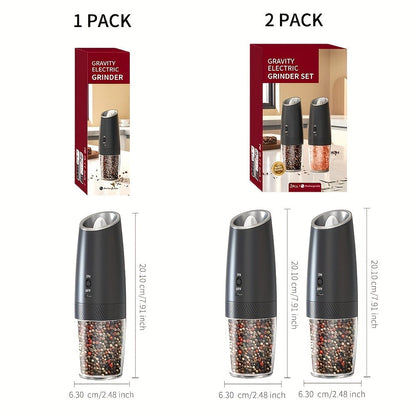 Electric Salt and Pepper Grinder Gravity Sensing USB Rechargeable with LED Light, One-Hand Operation Automatic Pepper Mill Adjustable Coarseness, Battery or Type-C Powered Kitchen Spice Grinder Set 1-2pcs