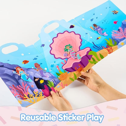 Reusable Sticker Books for Toddlers Girls 3 Pack – 3D Foam Sticker Activity Books Mermaid Princess Fashion Themes, 195+ Restickable Stickers Screen-Free Travel Toy Birthday Christmas Gift