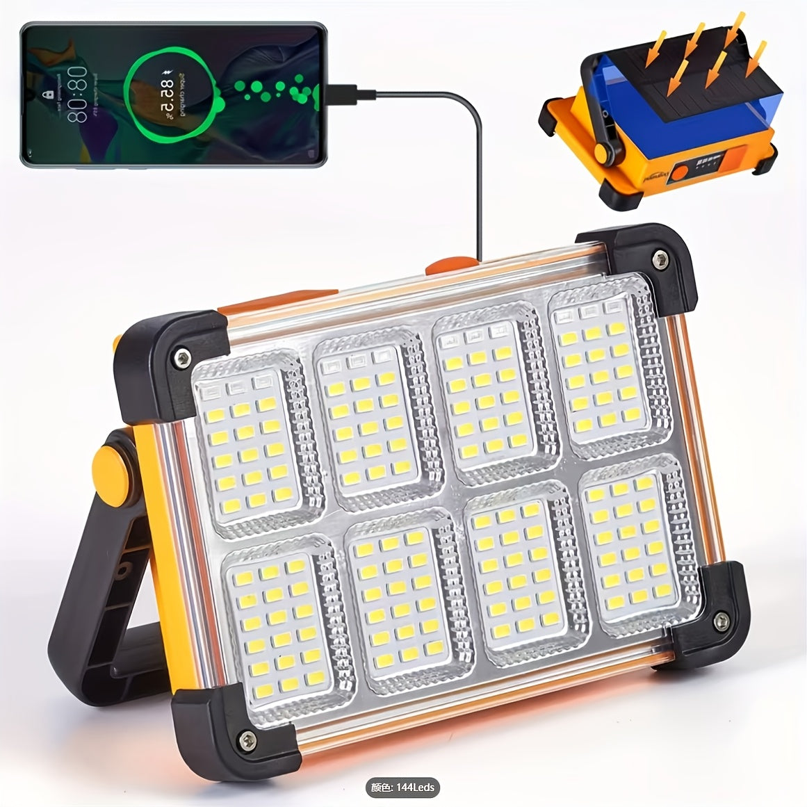 1 Pack/ 2 Pack Solar Work Light, 144 LED Portable Floodlight, 4 Modes, Multi-Color, IP44 Waterproof For Camping Fishing Car Repair Construction 6000mA