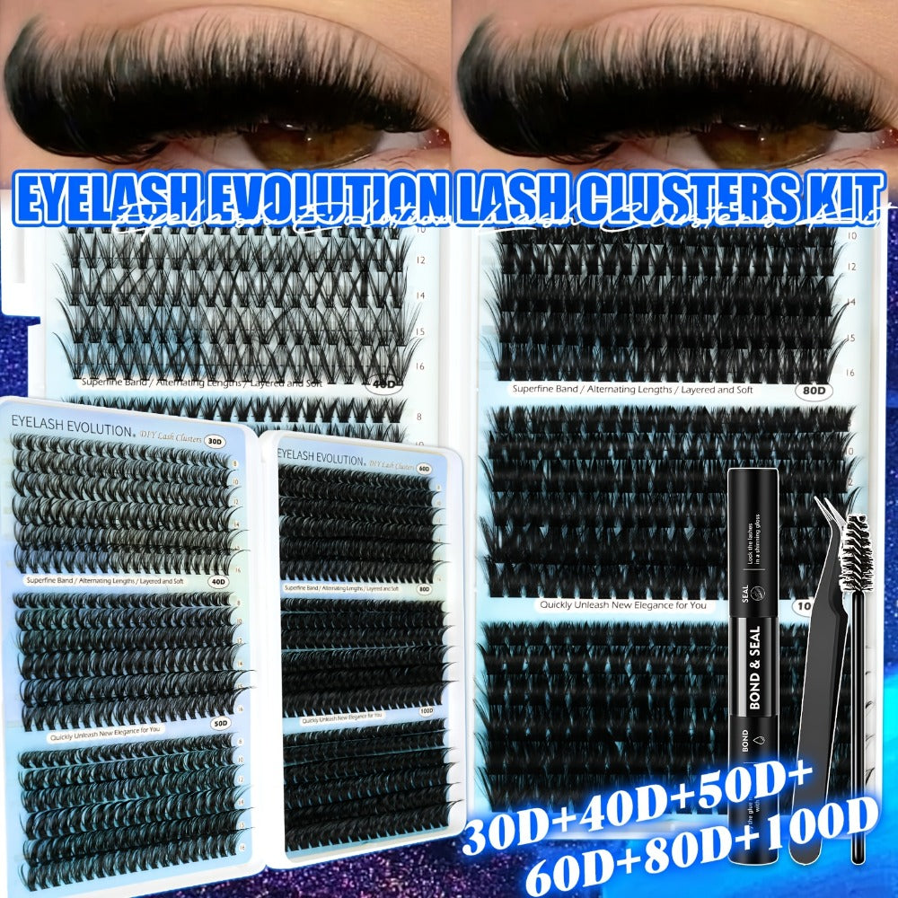 Lash Clusters Kit 720Pcs Individual Eyelash Extensions 30D 50D 80D 100D C Curl Wispy Cluster Lashes with Bond Glue & Tweezers – Complete DIY Lash Extension Kit for Beginners, Natural to Dramatic Eye Look