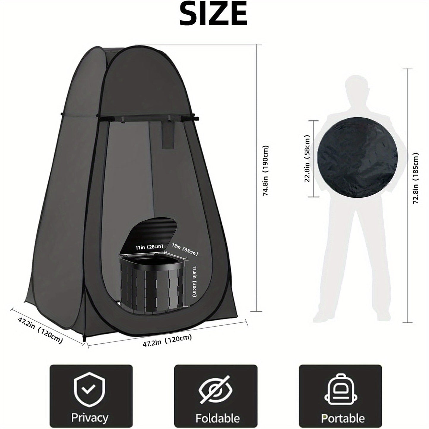Pop-Up Privacy Tent with Portable Camping Toilet for Adults, Foldable Outdoor Shower Changing Potty Tent Kit with 12 Toilet Bags, Ground Stakes & Windproof Ropes for Camping, Hiking, Travel & Picnics