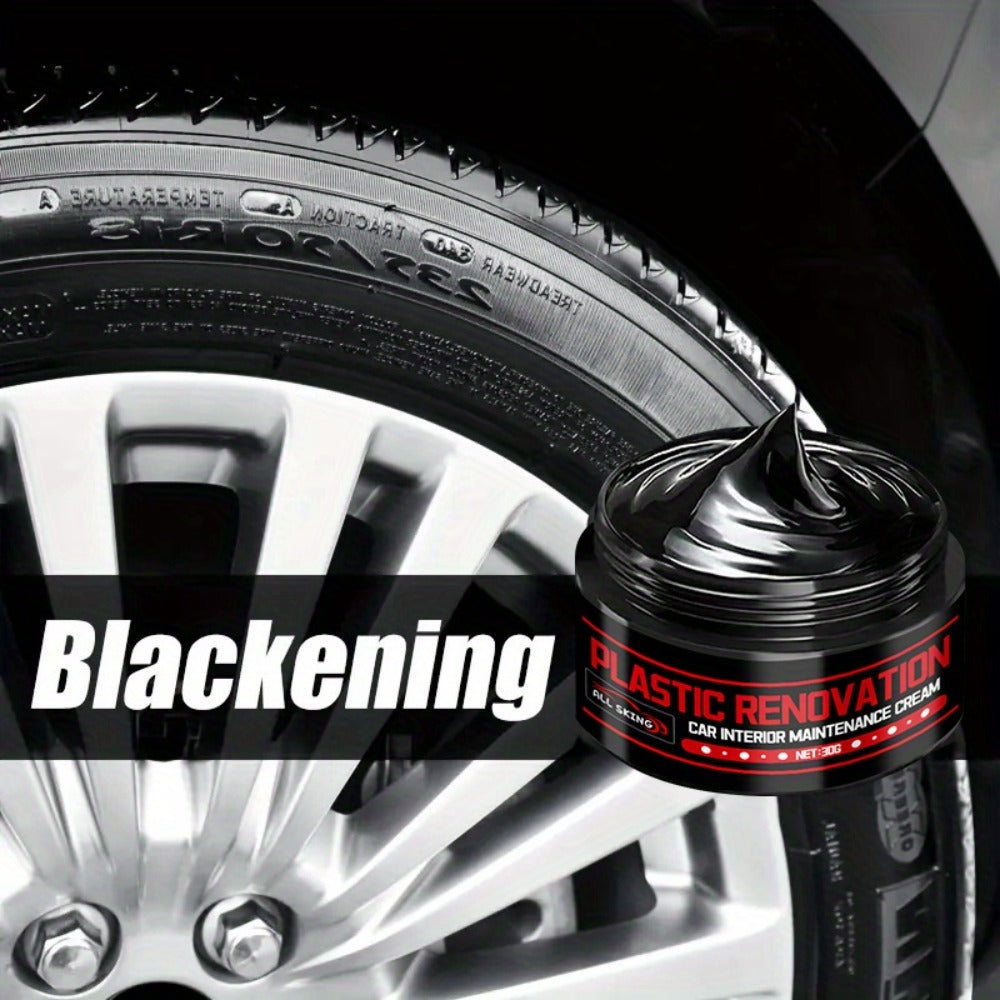 Car Plastic Restorer & Black Interior Trim Polish - Scratch Repair Paste, Anti-Aging Refurbishment Wax for Dashboard, Bumper, Tire Shine & Leather Seat Care, Works on All Car Interiors & Exteriors (30g + Sponge)