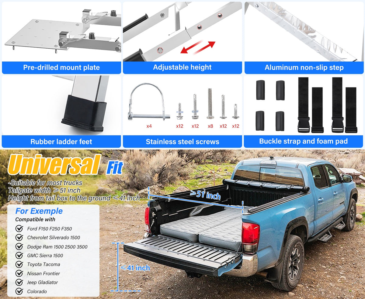 1pc Pickup Truck Tailgate Ladder - Universal Fit, Stainless Steel Self Drilling Hex Screws for Easy Install, Durable Aluminum Step Grip Plates, and Sturdy Rubber Ladder Feet, Vehicle Access, Offroad Accessory, Heavyduty Design, Reinforced Steps