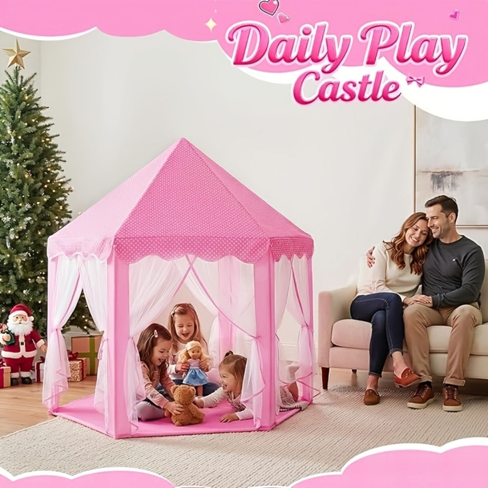 Pink Princess Hexagon Play Tent for Girls Indoor Dream Castle with Gauze Curtain Reading Corner Secret Base Kids Room Decor Pretend Play Birthday Gift Toddlers