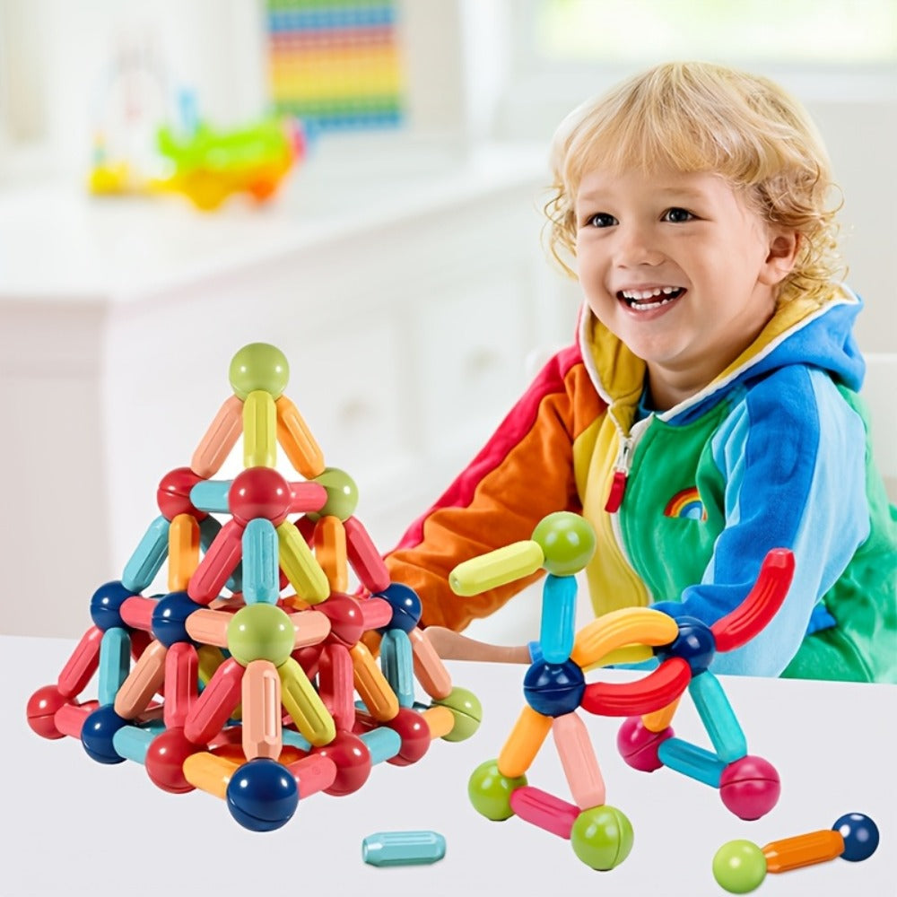 Magnetic Building Sticks Set 62 Pcs – 360° Rotating Oversized Magnetic Tiles Balls Educational 3D STEM Toy Kids Ages 3+ Build Castles Cars Shapes Birthday Christmas Gift
