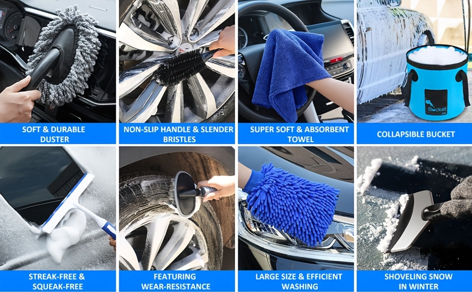 19pcs/41pcs Car Cleaning Wash Interior Detailing Cleaner with High Power Handheld Vacuum, Collapsible Bucket, Windshield Tool, Clean Snow Shovel, Tire Brush, Complete Car Care Tools