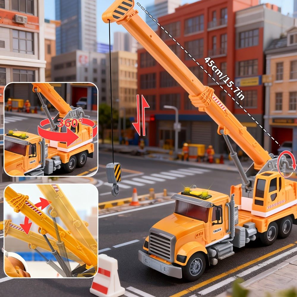 13-Inch Tow Truck Toy with Lights & Sounds – Friction Powered Transport Crane Truck for Boys Ages 3 4 5 6, Movable Arm & Towing Ramp, Birthday Christmas Gift