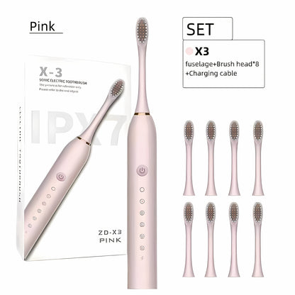 Rechargeable Electric Toothbrush 6 Cleaning Modes with 8 Brush Heads - USB Charge, Soft Bristles, Portable for Travel & Home Use, Oral Care Toothbrush for Men & Women - Black / White / Pink