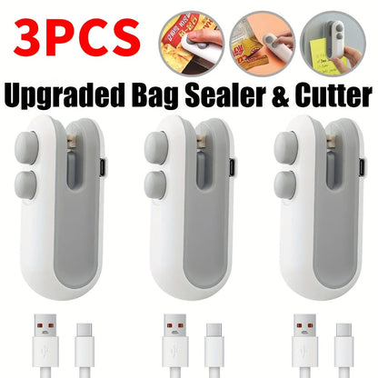 Bag Sealer Handheld Heat Sealer 3-Pack – USB-C Rechargeable 2-in-1 Magnetic Food Sealer with Cutter, Snack Bag Resealer for Plastic Bags, Kitchen Food Freshness, Home & Outdoor Use