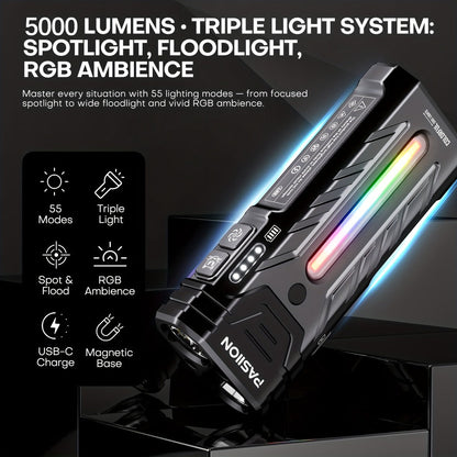 High Lumen Flashlight 5000 Lumen Ultra Bright | High-Capacity Battery Long Runtime USB Rechargeable | Lock Function Camping Night Fishing Outdoor Work Gift for Men