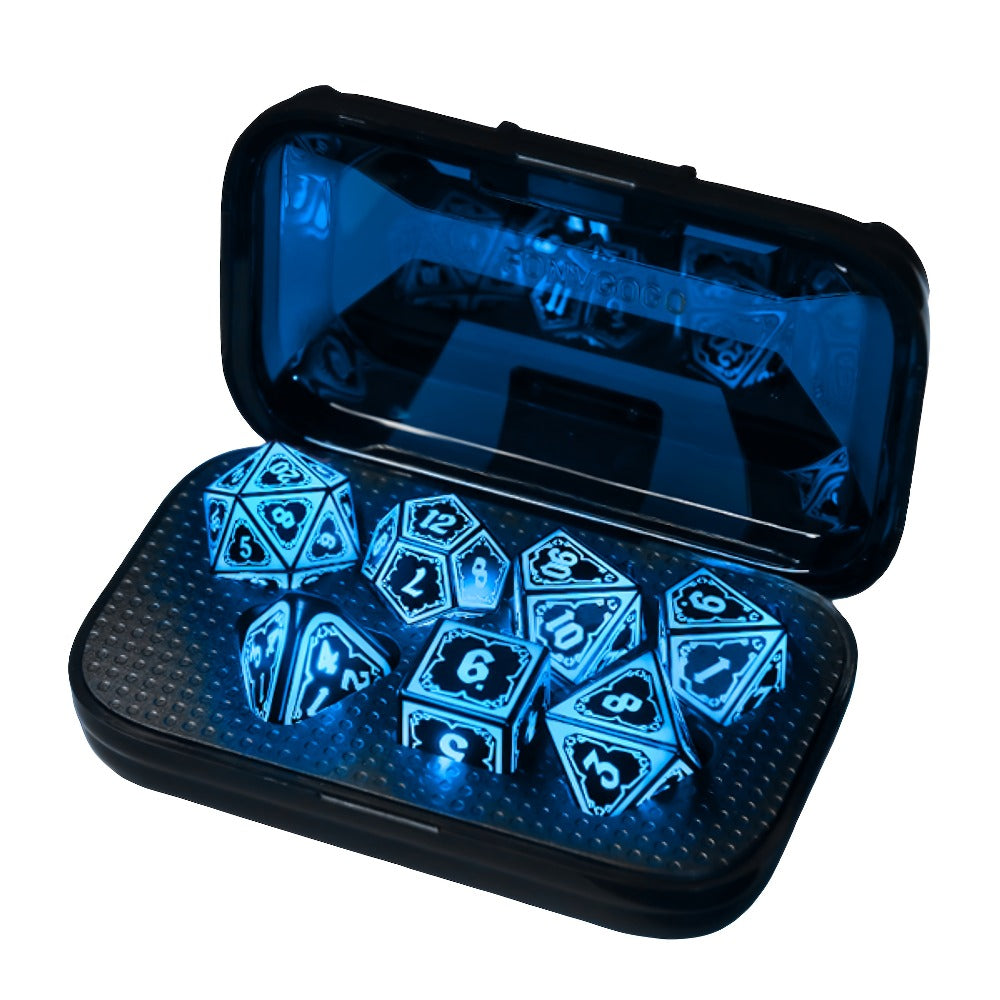 Glowing DnD Dice Set with Wireless Rechargeable Charging Case – 7-Piece LED Light Up Polyhedral Dice D4 D6 D8 D10 D12 D20 for Dungeons & Dragons, Pathfinder & Tabletop RPG, 6-Hour Battery, Mixed Blue Purple, Unique Gamer Gift
