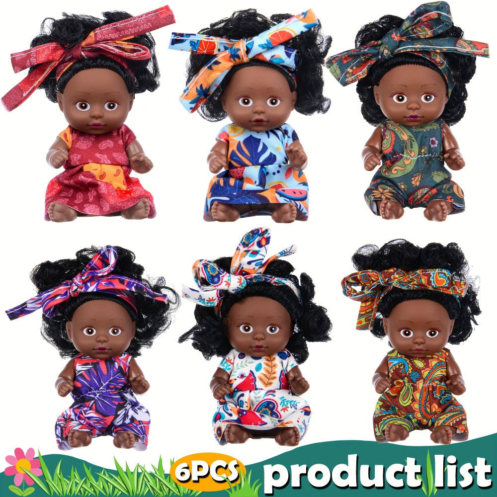 Miniature Girl Doll Set 6 Pcs 4 Inch Articulated Arms & Legs – Colorful Outfits Printed Headscarf, Adorable Collectible Mini Fashion Dolls, Christmas New Year Birthday Gift for Kids Girls Ages 3+