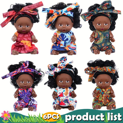 Miniature Girl Doll Set 6 Pcs 4 Inch Articulated Arms & Legs – Colorful Outfits Printed Headscarf, Adorable Collectible Mini Fashion Dolls, Christmas New Year Birthday Gift for Kids Girls Ages 3+