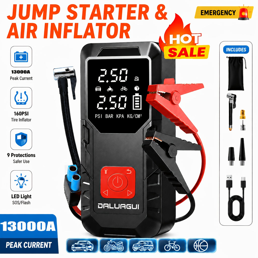 12000A Jump Starter With Digital Tire Inflator, Window Breaker Hammer, For 12V Car/Truck/SUV/RV/Motorcycle (1.59gal Gas/1.32gal Diesel), LED Display, 3-Mode Flashlight & Jumper Cables, High-Perf Pump, Emergency Kit, Outdoor Essential