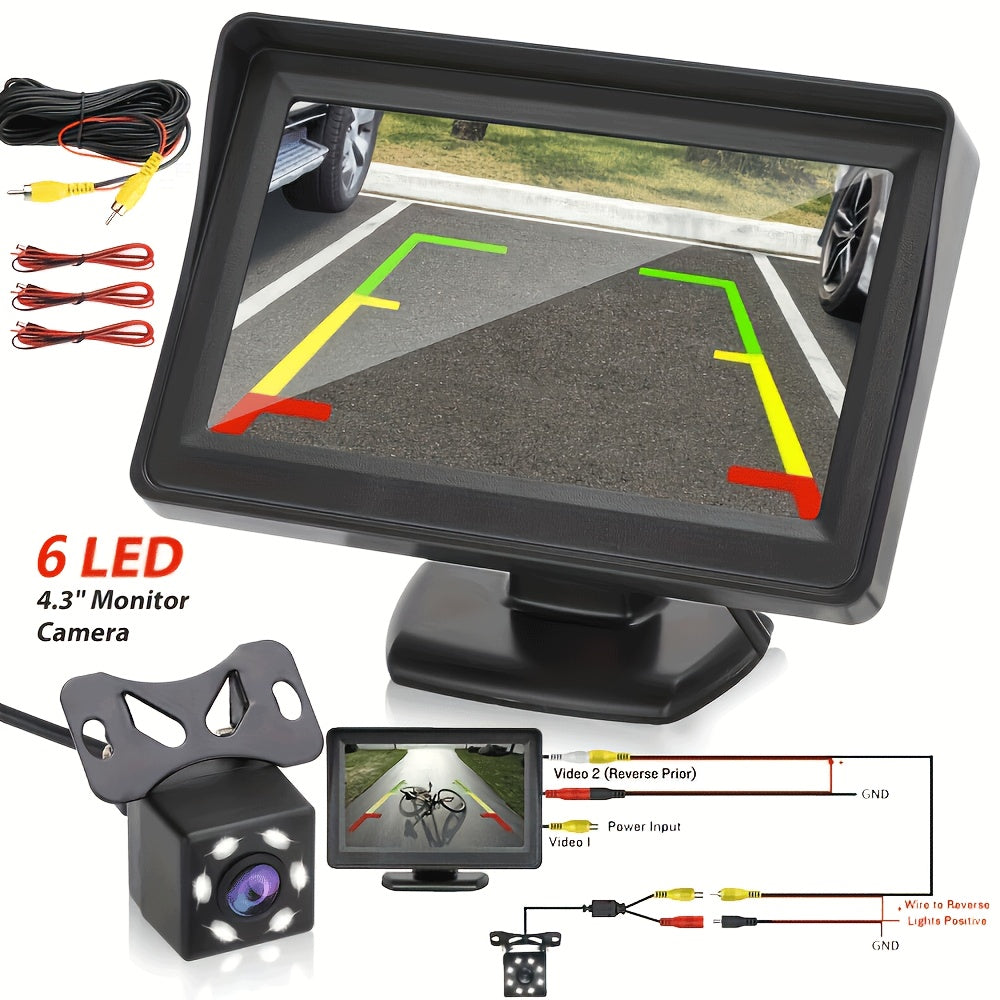 Car Rearview Mirror HD Parking System Night Vision 4.3 Inch Display 6 LED Light HD Reversing Rearview Mirror Kit with Wide Angle Lens for Safe Parking And Reverse Driving - Perfect for Cars, Pickups, SUVs, No Battery